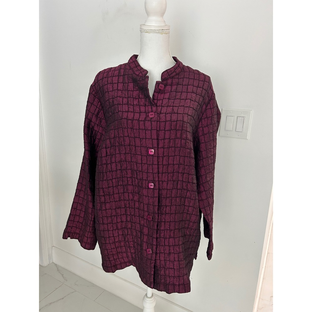 White Stag Womens Plus Violet Bordeaux Crinkle Grid Quilted Button Front Jacket